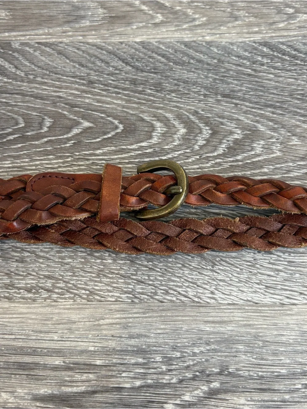Braided Brown Leather Belt with Antique Brass Buckle